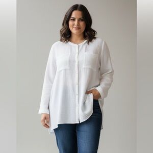 Pure Jill White Crew Neck Waffle Knit Button Up Long Sleeve One Pocket Top XL